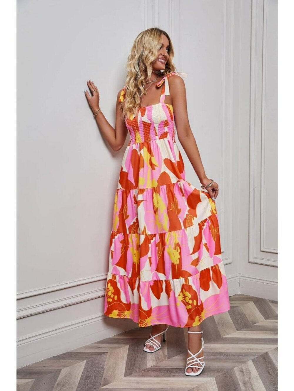 Women's Orange 1 Sleeveless Square Neck Ruffle Flowy Imported Maxi Dress - Picture 6 of 6